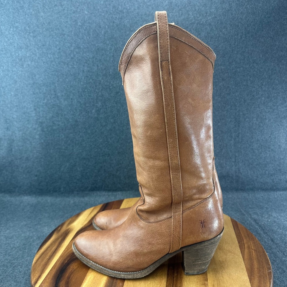 Frye Taylor Pull On Tan Leather Western Tall Boots Pointed Toe Womens Size 10B - Picture 6 of 11